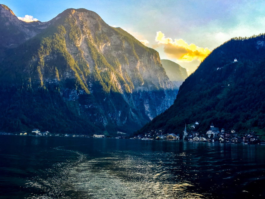 view of hallstatt austria from a boat on the lake